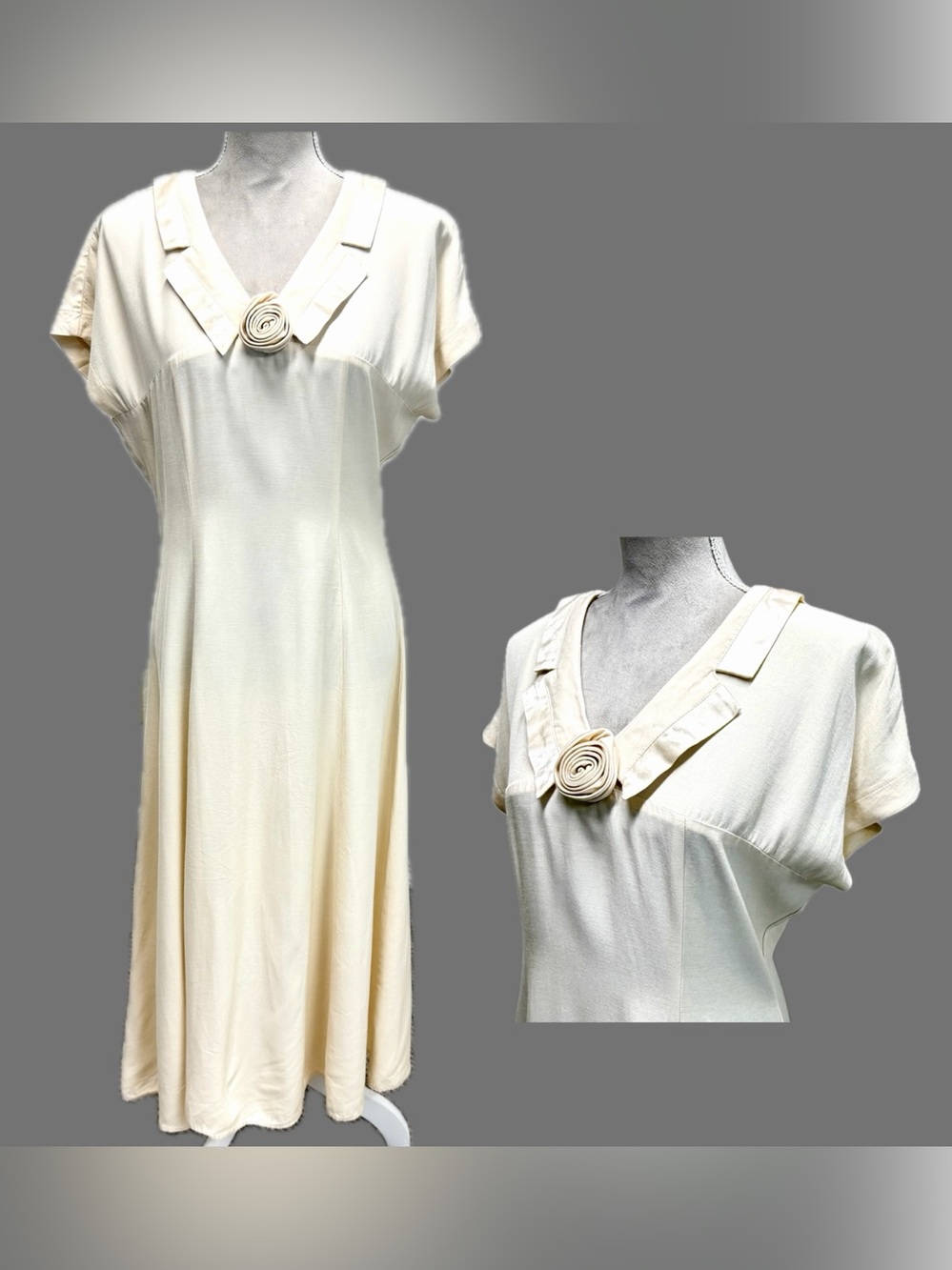 Rare Vintage 80s 40s Liquid Satin Maxi Dress M Cream Center Rosette OldHollywood